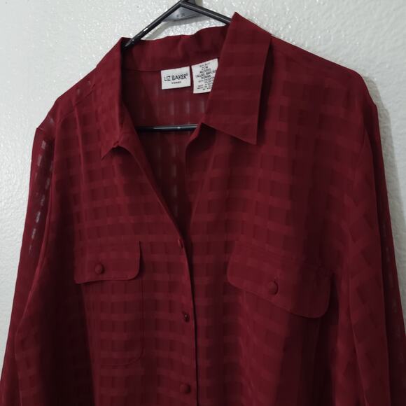 Liz Baker Blouse Womens Size 20W Red Check Sheer Long Sleeve Button Up S… - Picture 9 of 12